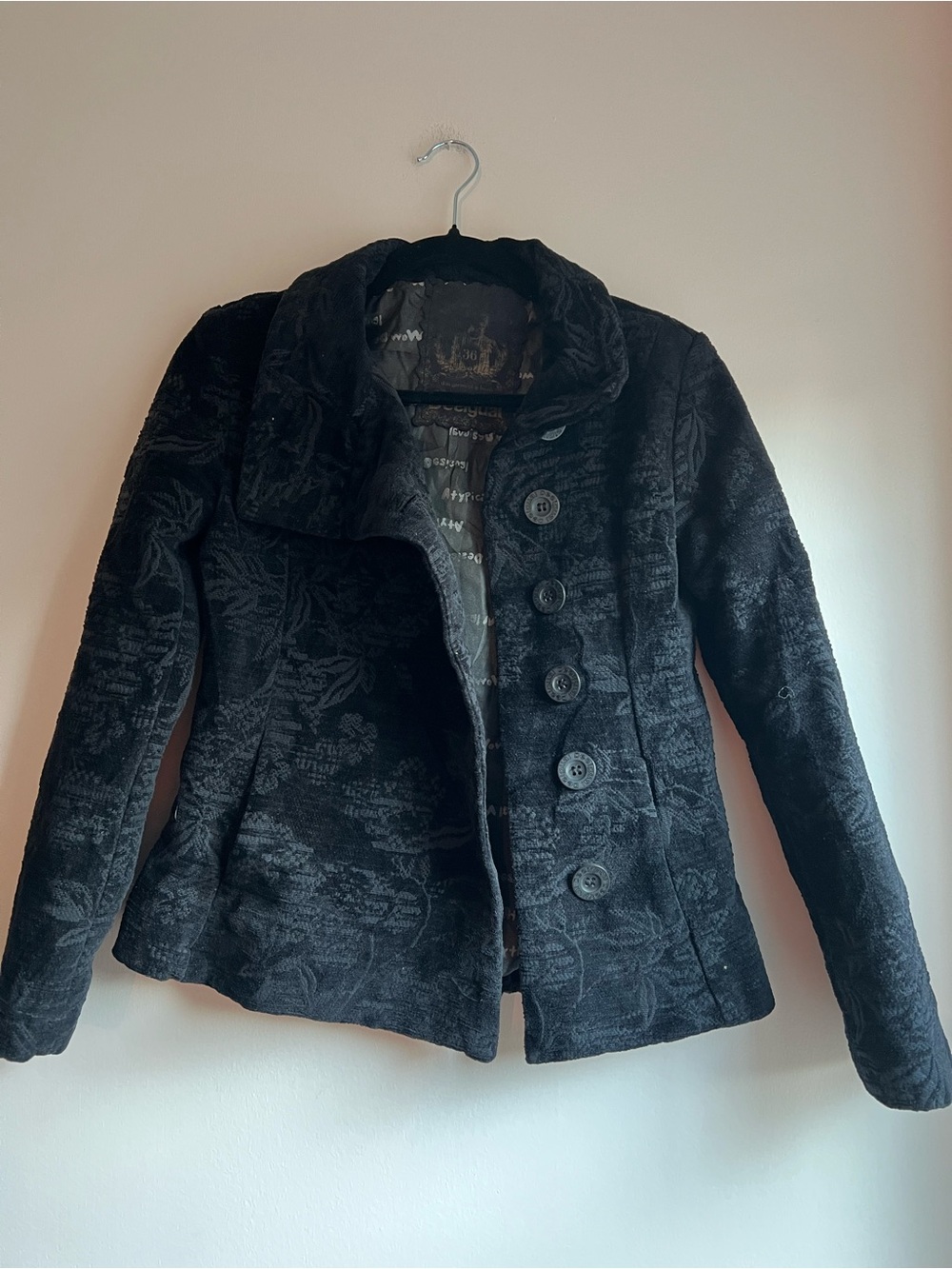 Desigual Black Textured Button-Front Blazer. 100% cotton